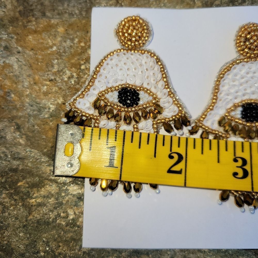 White Seeded Beaded Hamsa Design Earrings In Goldtone View 6